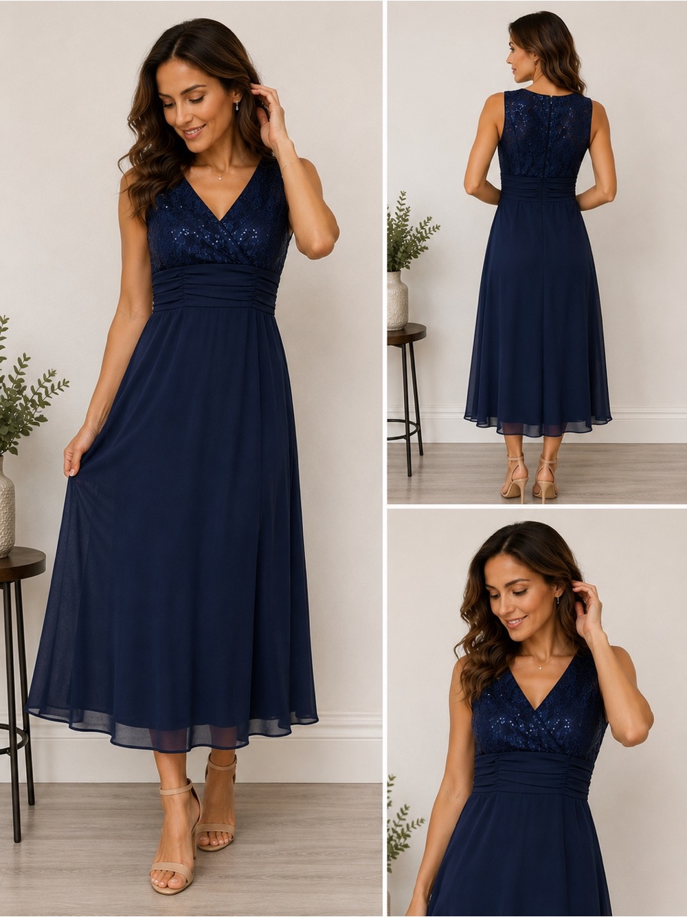 Elegant Navy Sequin V-Neck Midi Dress